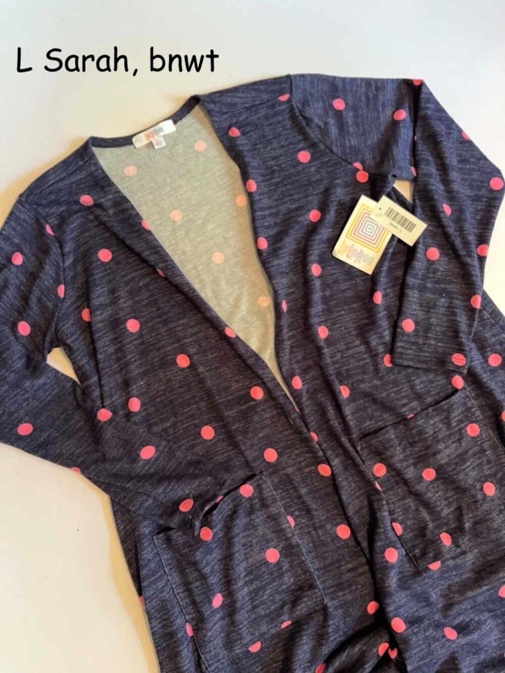 Large Lularoe Sarah long cardigan sweater, denim blue with pink dots